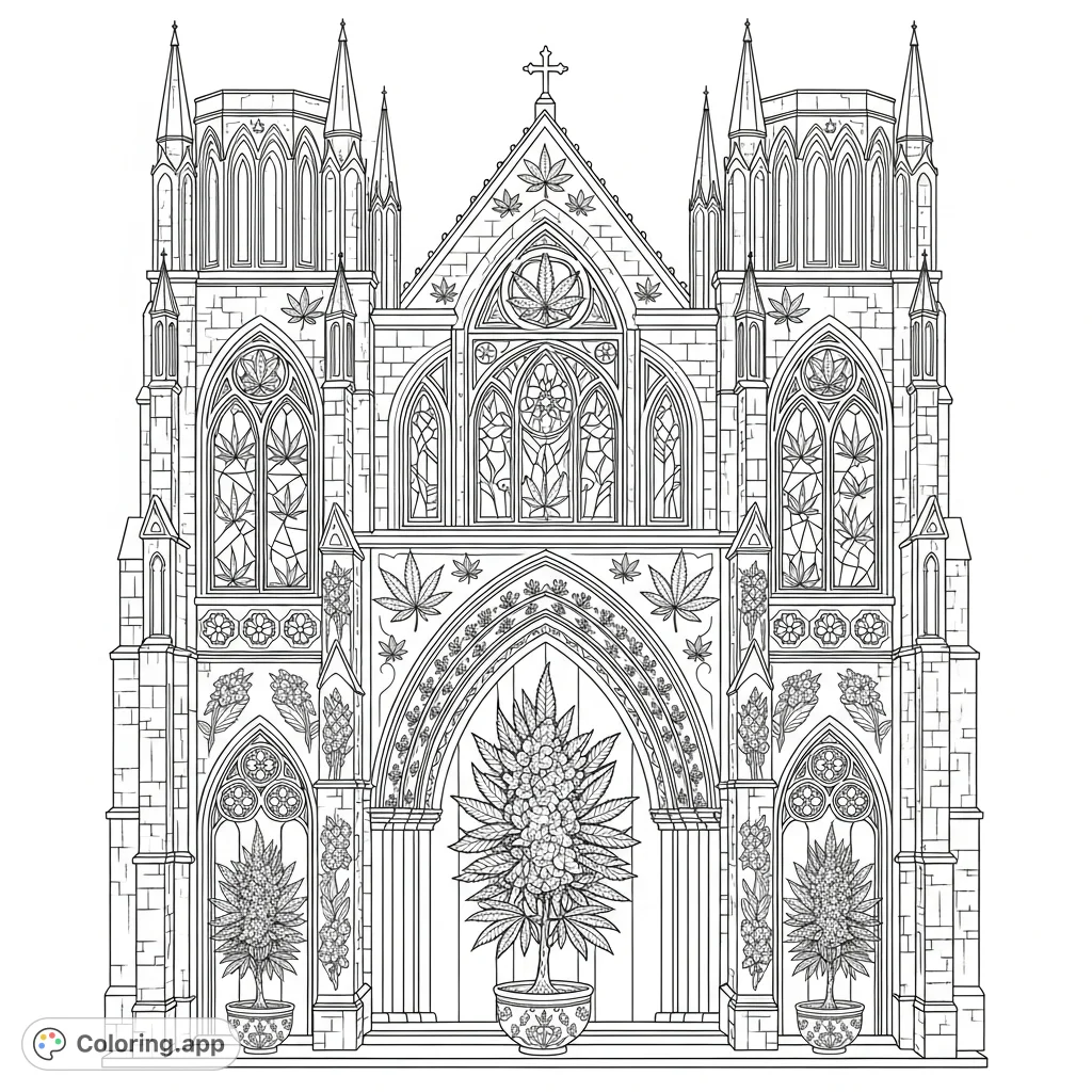 Discover a unique gothic cathedral coloring page featuring elaborate architecture, pointed spires, and intricate cannabis leaf motifs. A grand, detailed scene.