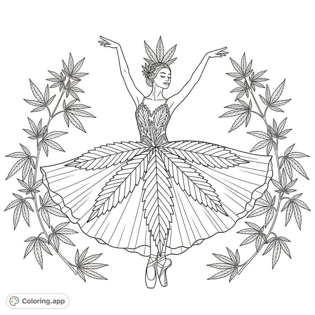 A unique marijuana ballerina coloring page featuring a graceful dancer adorned with intricate cannabis leaf patterns and stylized plant elements, set in a whimsical scene.