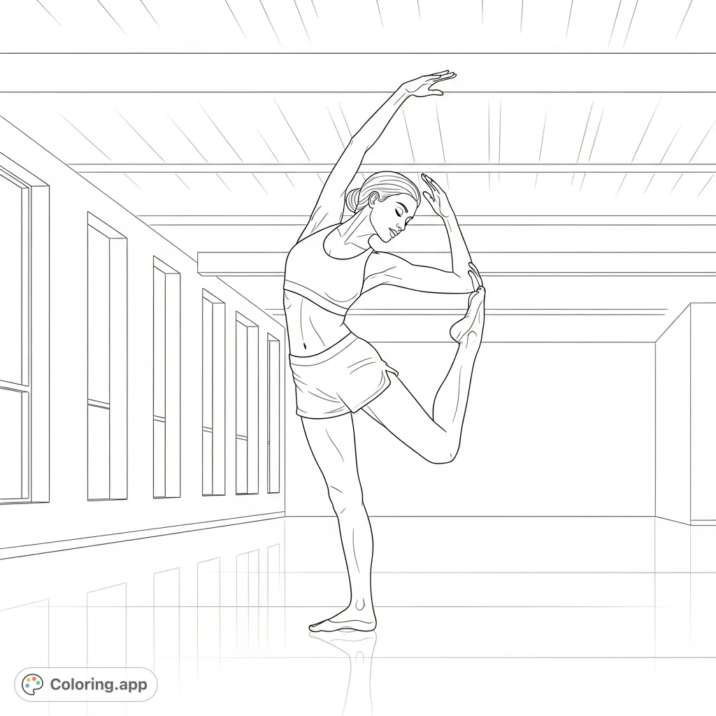 A woman in a moment of fluid, elegant stretch, balancing gracefully in a spacious studio with tall windows. A serene and dynamic pose for mindful coloring.