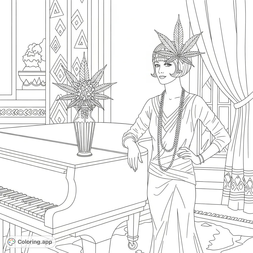 An elegant 1920s socialite poses beside a grand piano, adorned with a stylized cannabis flower and surrounded by geometric motifs. A sophisticated Roaring Twenties scene.