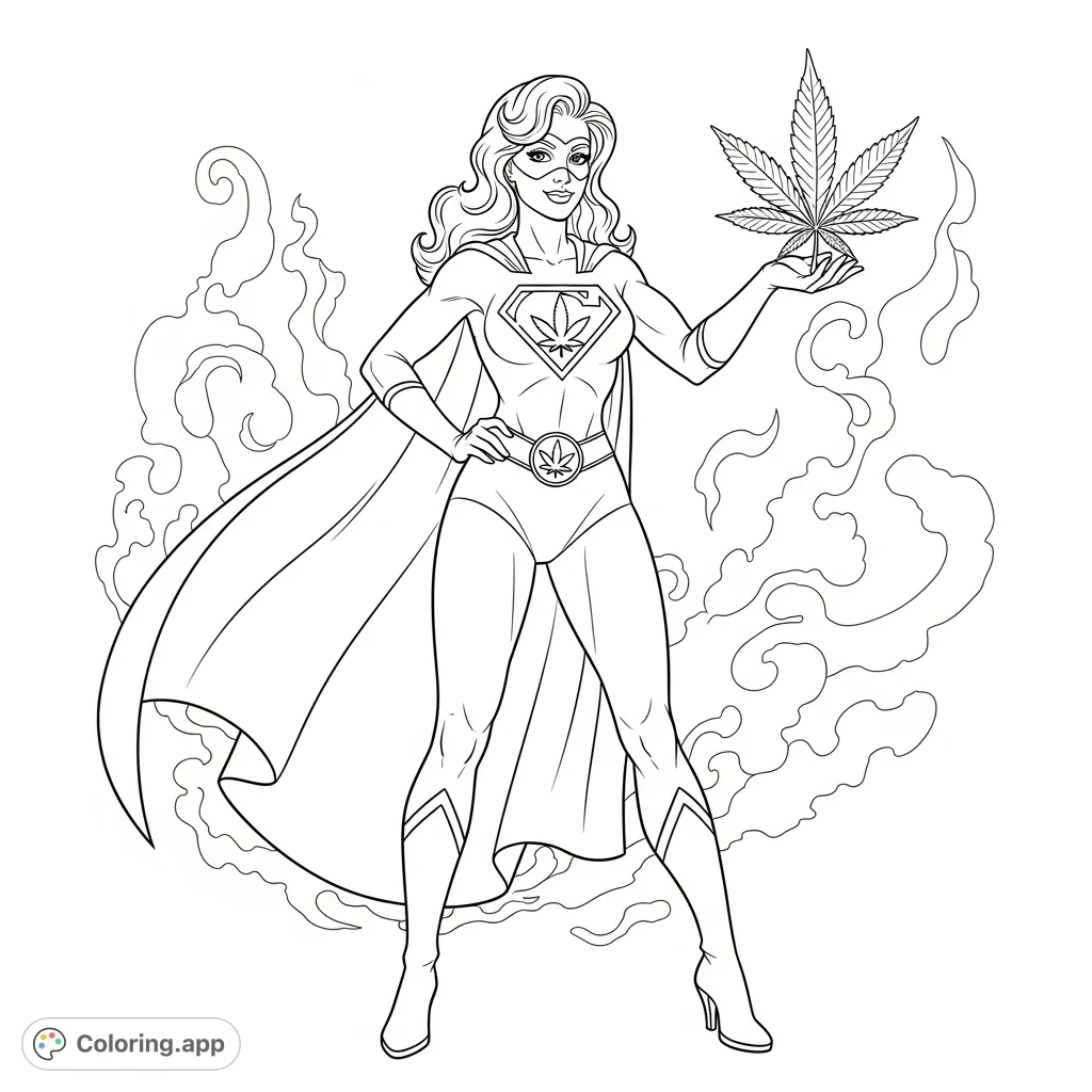 An empowered 'Marijuana super woman' in a dynamic pinup pose, featuring cannabis leaf motifs on her costume and a dramatic cape. Perfect for adult colorists.