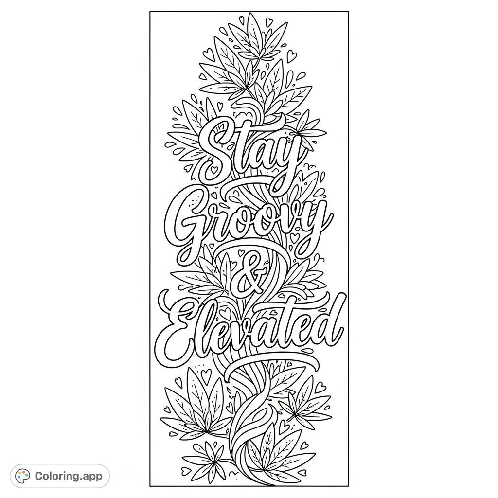 A stylish vertical banner with "Stay Groovy & Elevated" script, interwoven with whimsical, rounded cannabis leaf patterns featuring subtle heart and star accents.