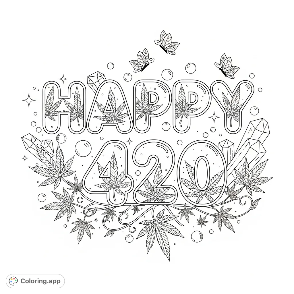 A unique 'HAPPY 420' coloring page with feminine cannabis leaf patterns, sparkling crystals, floating bubbles, delicate leaf sprigs, and whimsical butterflies.