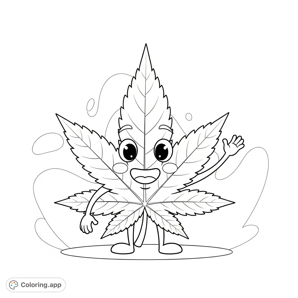 A cheerful anthropomorphic cannabis leaf character with a wide smile and welcoming gesture. This unique cannabis coloring page offers relaxation and creative expression for adults.