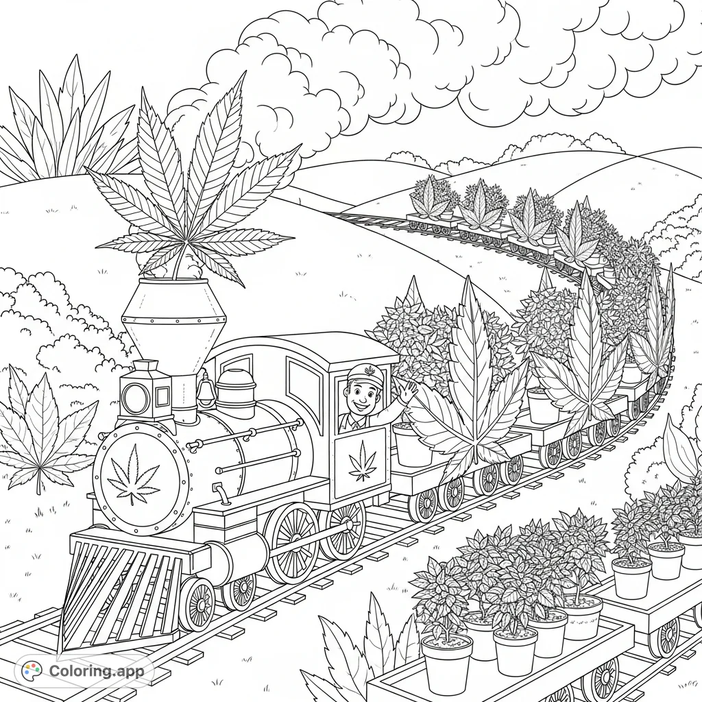A unique coloring page featuring a stylized train adorned with cannabis leaf motifs, carrying potted plants through undulating hills. For adult colorists.