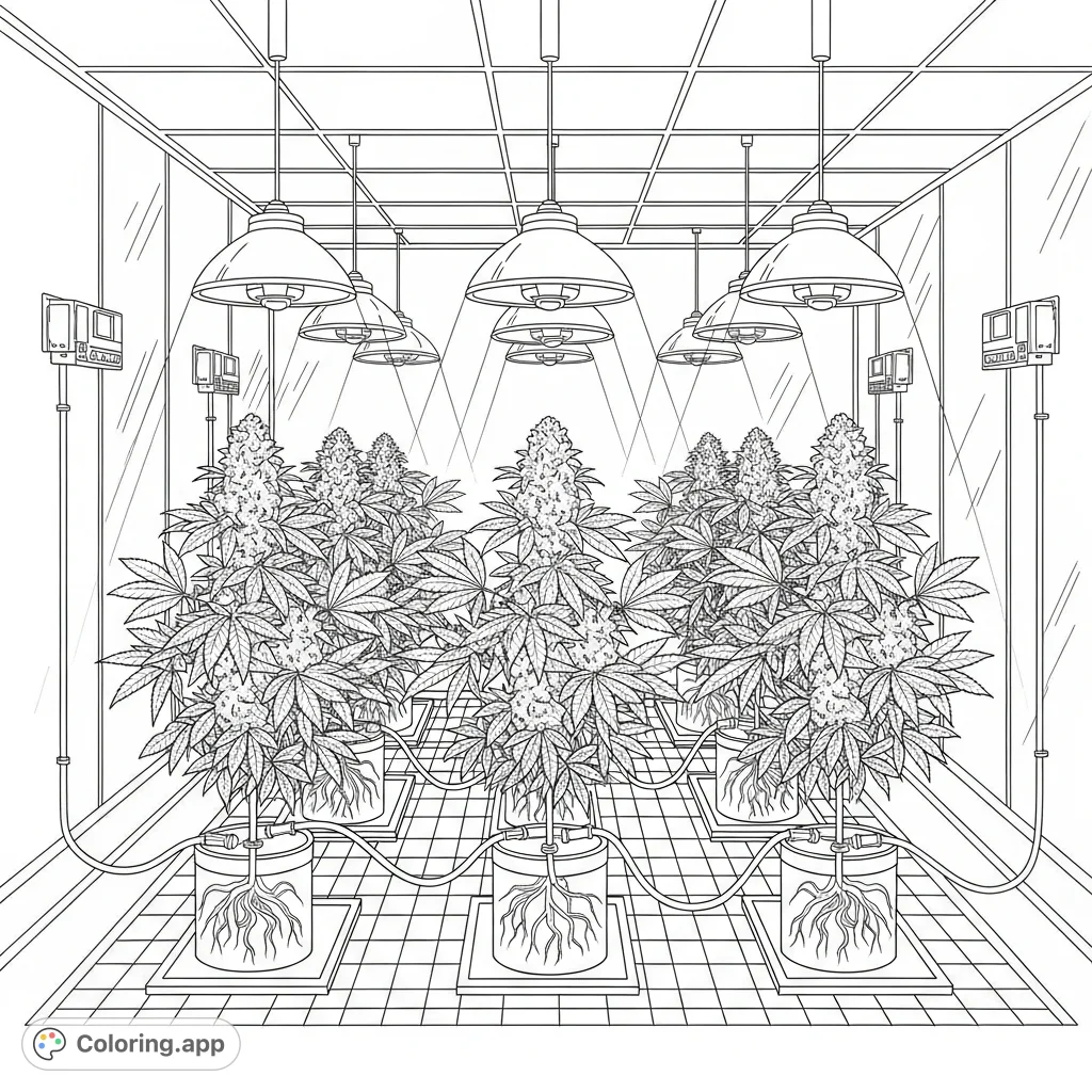 Explore a futuristic cannabis cultivation facility with perfectly grown plants, advanced lighting, and automated systems in a pristine, high-tech environment.