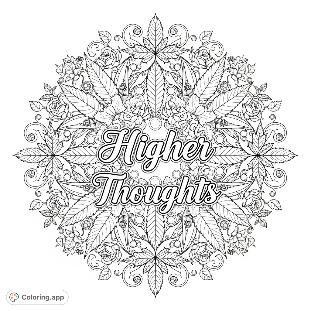An intricate cannabis mandala coloring page featuring stylized leaves, delicate rosebuds, twirling vines, jewels, and a "Higher Thoughts" quote.