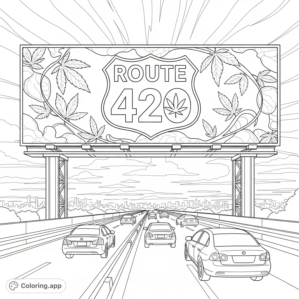 Color a prominent highway billboard featuring 'ROUTE 420' text with a stylized cannabis flower, overlooking a busy highway with city buildings.