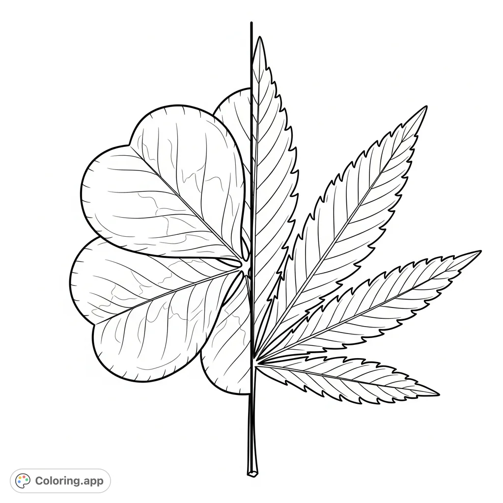 Explore a unique hybrid plant coloring page featuring a detailed close-up of a four-leaf clover and cannabis leaf fusion, perfect for botanical art lovers.