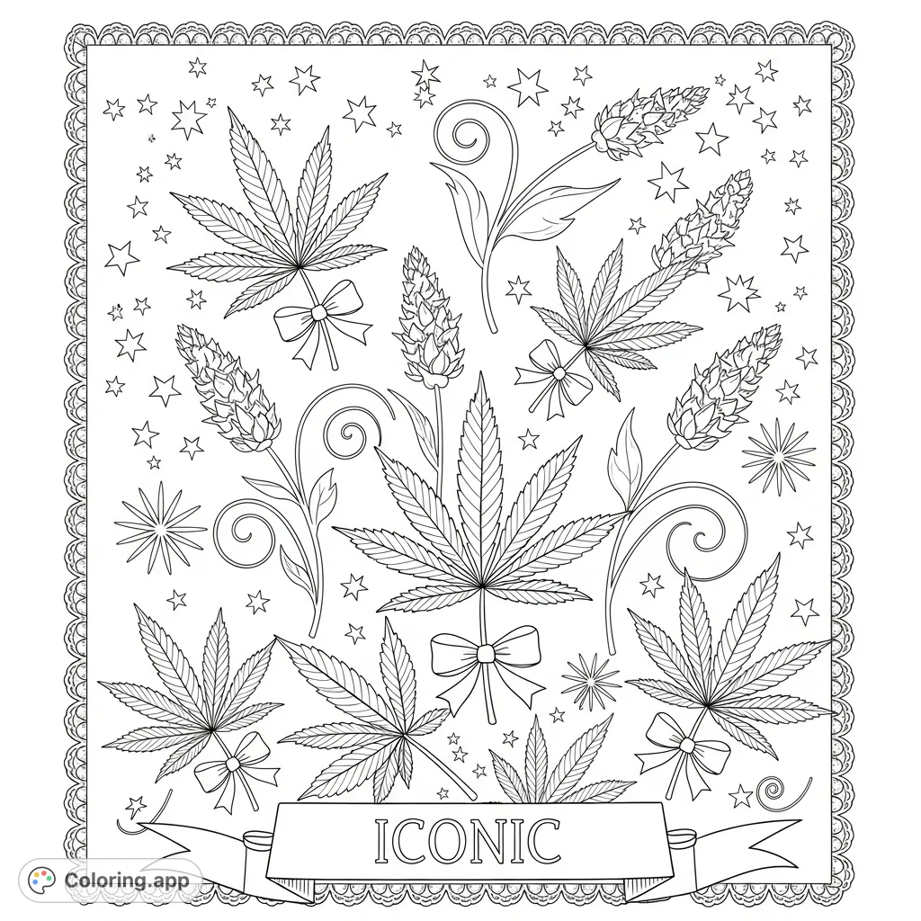 Discover elegant cannabis leaves with satin bows, delicate floral buds, and a mesmerizing lace border in this intricate, free printable coloring page.