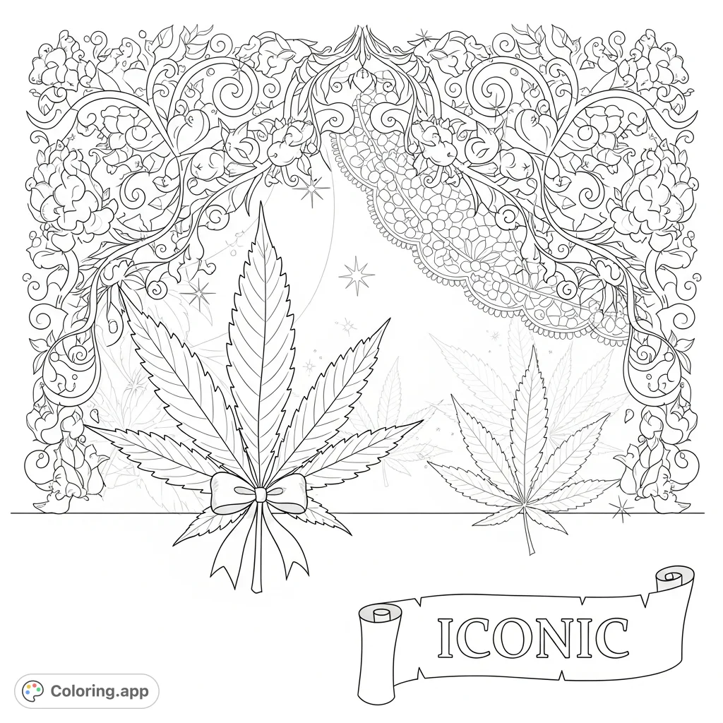 Discover an elegant cannabis leaf coloring page, intricately framed by swirling floral buds, delicate lace, and an "ICONIC" scroll. Perfect for detailed coloring.