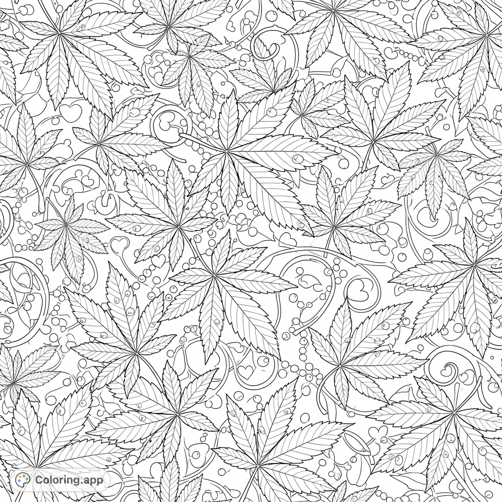 A captivating cannabis leaves tapestry, intricately detailed with gem-like droplets, lustrous pearls, and subtle heart shapes for a unique adult coloring experience.