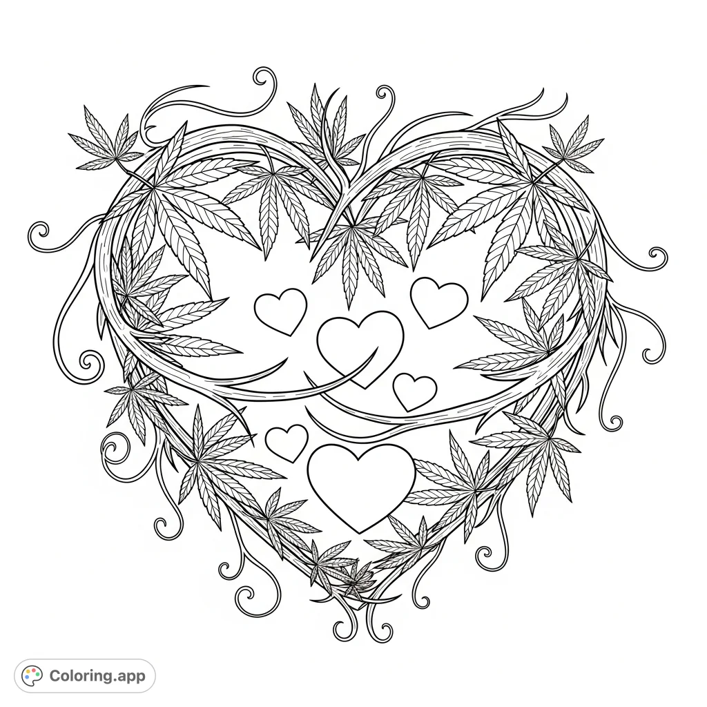 An intricate cannabis heart coloring page featuring intertwining leaves forming a large heart, cradling smaller hearts, with delicate tendrils creating an organic border. A unique design for mindful coloring.