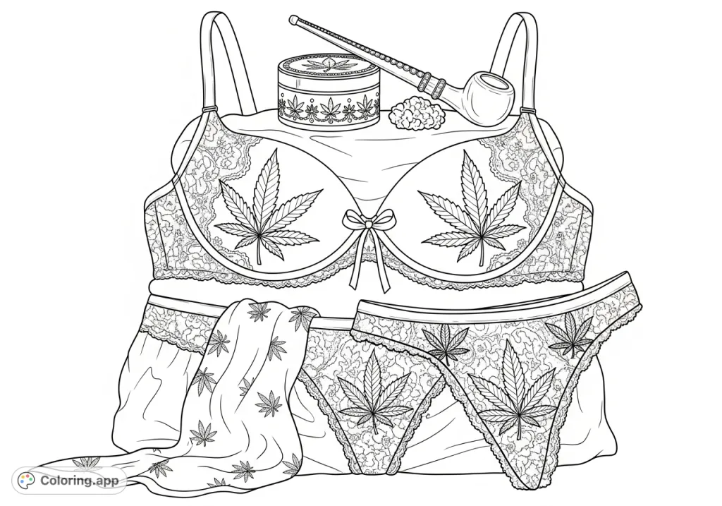 Discover an adult coloring page featuring intricately stacked lace intimate apparel with woven cannabis leaf designs, a decorative grinder, and a jeweled pipe.