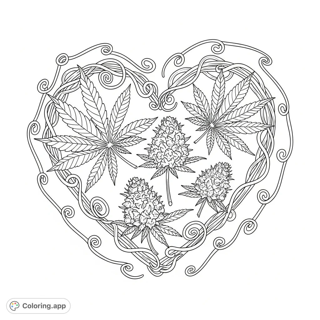 An intricate cannabis heart coloring page, formed by twisting stalks, detailed leaves, and three bursting flowers, framed by a delicate spiraling tendril.