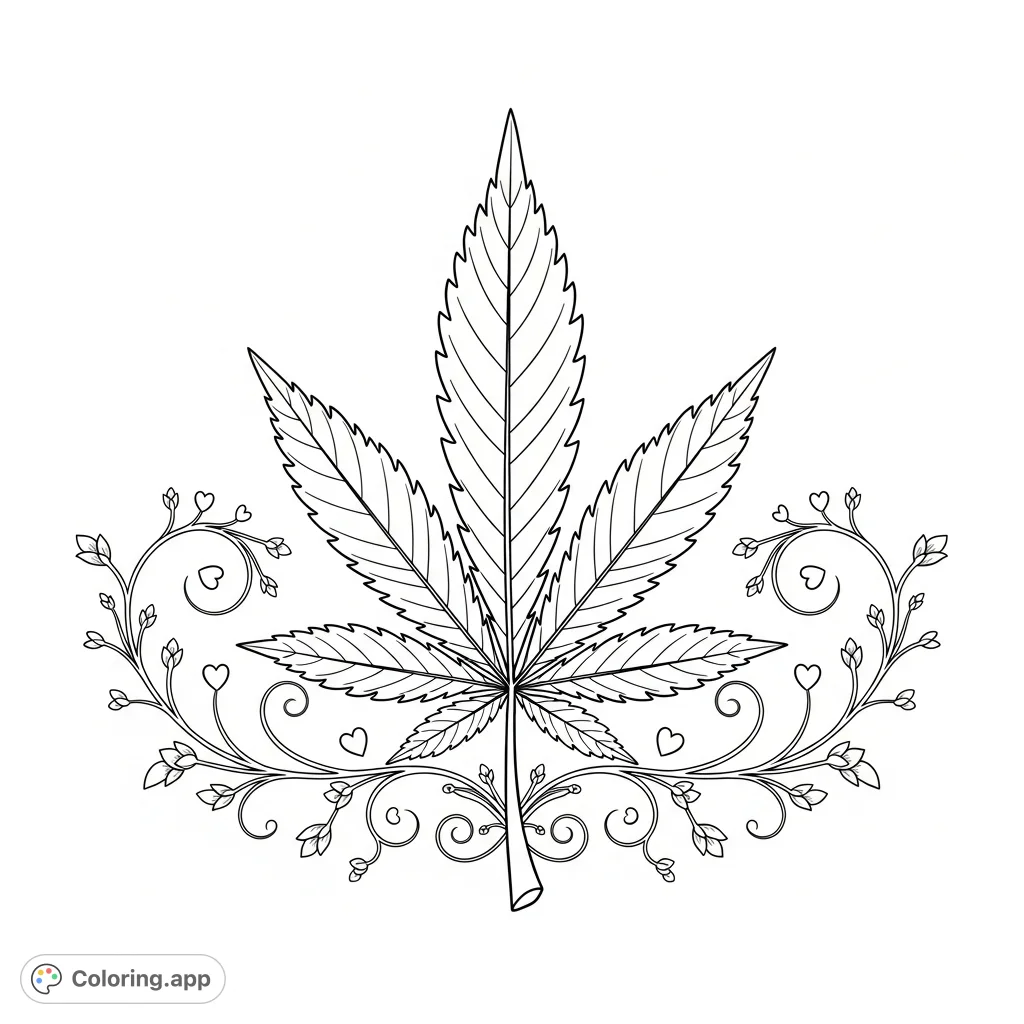 Discover a unique cannabis leaf coloring page, featuring a prominent leaf with swirling vines, tiny buds, and heart shapes for a relaxing, creative experience.