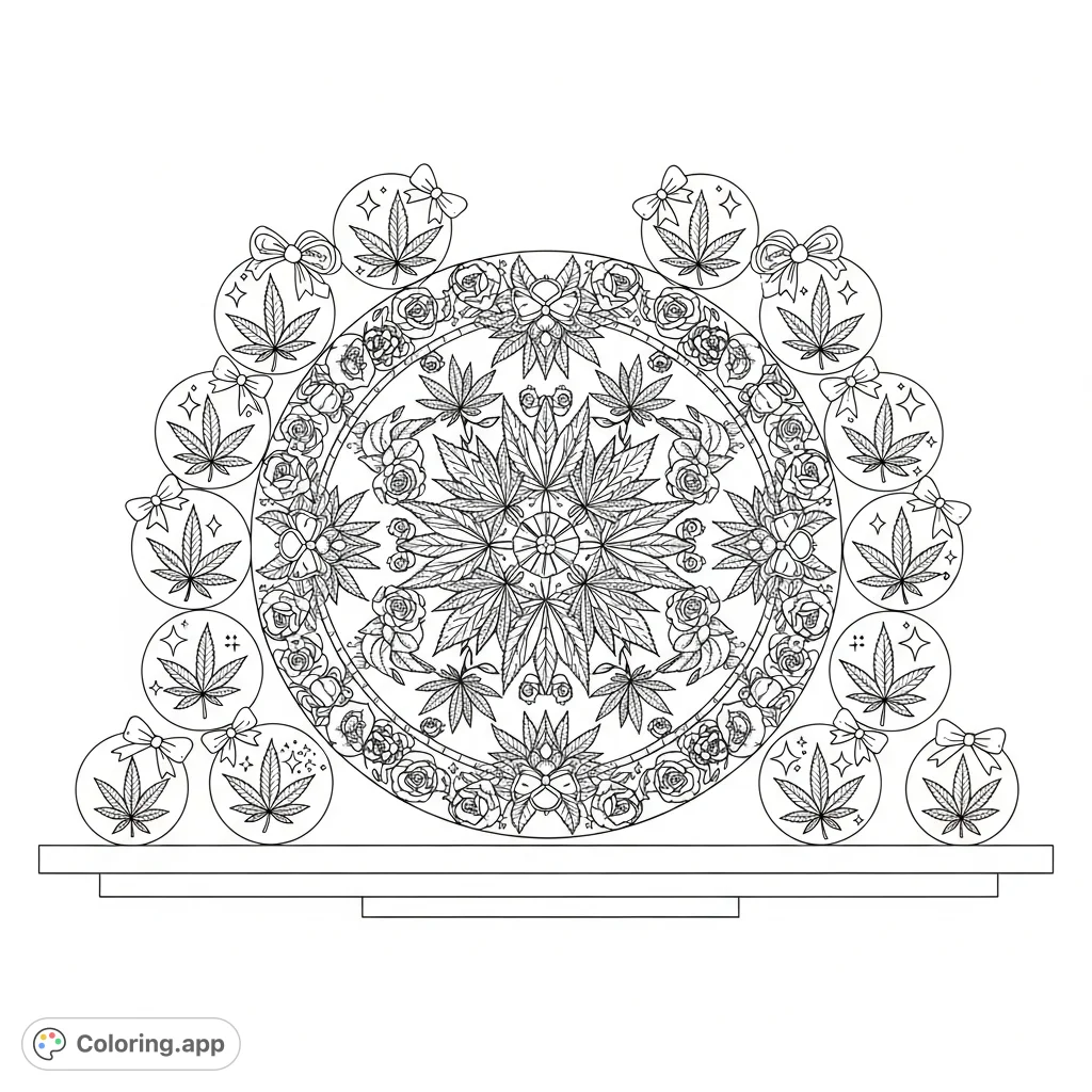 An intricate cannabis leaf emblem surrounded by smaller circles, each featuring a stylized leaf with a bow or gem, arranged on a polished surface for a detailed coloring experience.
