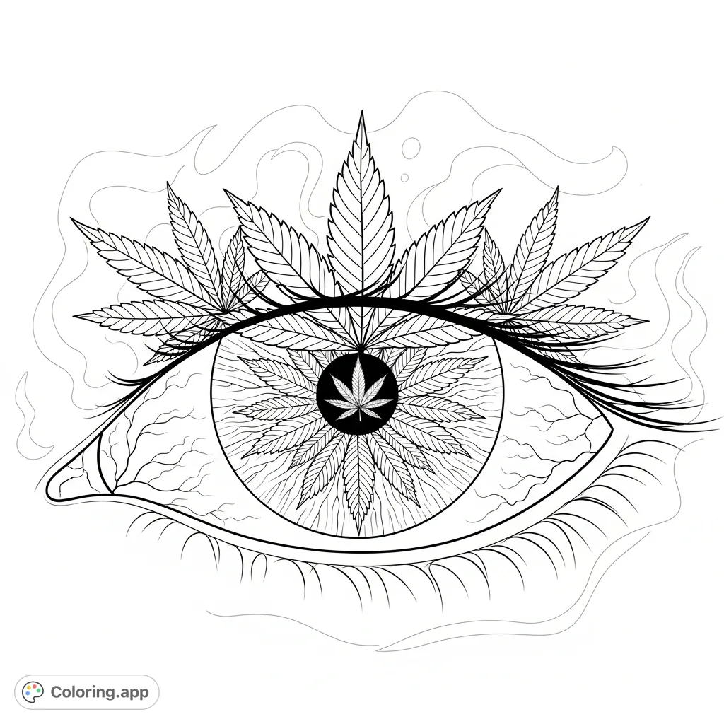 Explore a unique cannabis leaf eye coloring page. An intricate iris of overlapping leaves, a leaf-shaped pupil, and delicate veins create a striking botanical vision.