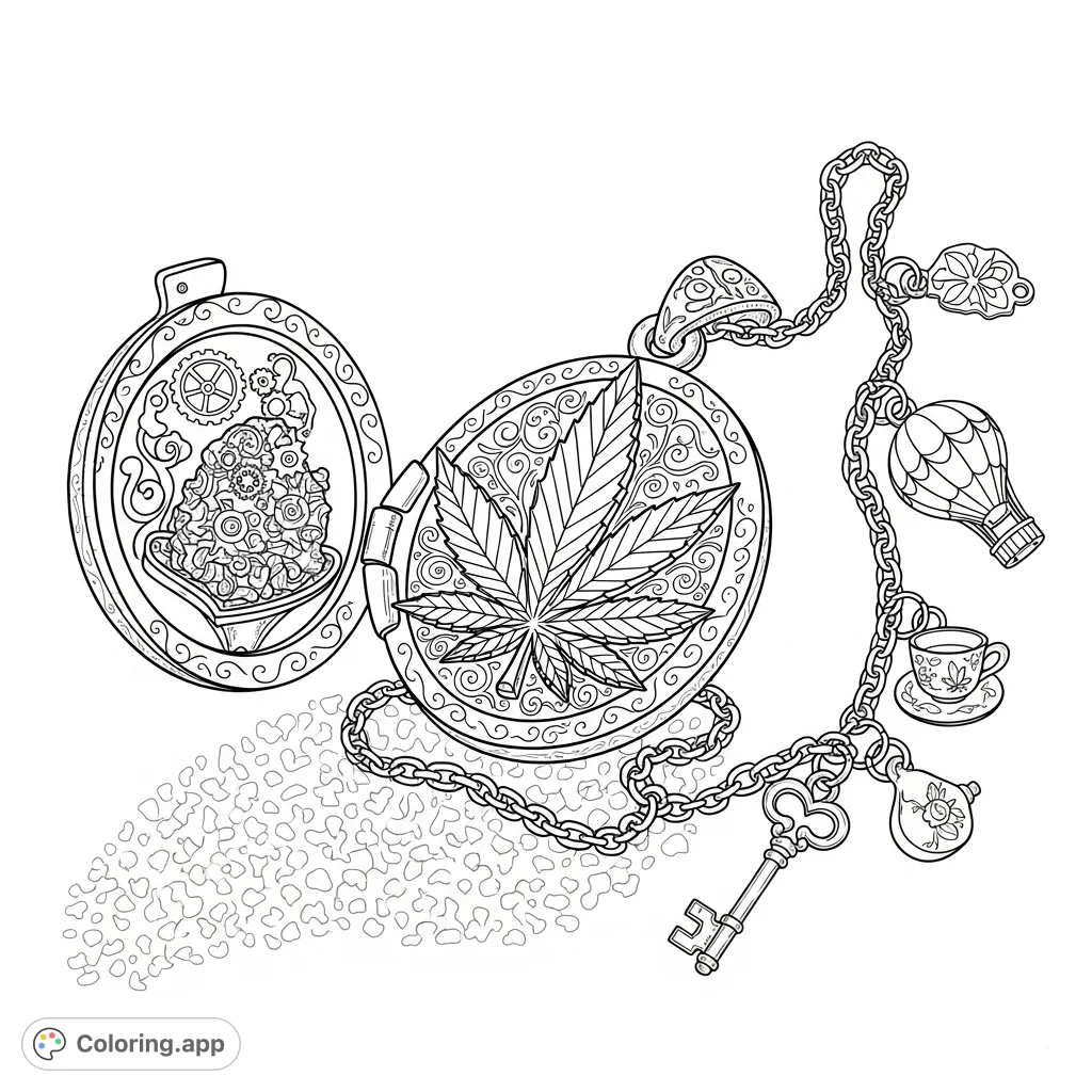 Discover a highly detailed locket, shaped like a cannabis leaf, featuring gears, scrollwork, and charms on a textured brocade. Perfect for adult colorists.