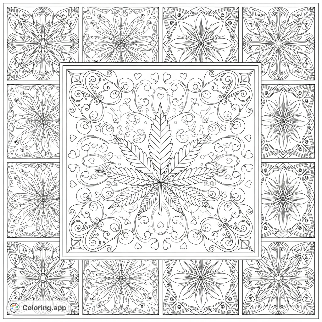 Discover a complex cannabis leaf pattern coloring page featuring a grand central panel with ornate leaves, vines, hearts, and ribbons, surrounded by eight unique, smaller panels.