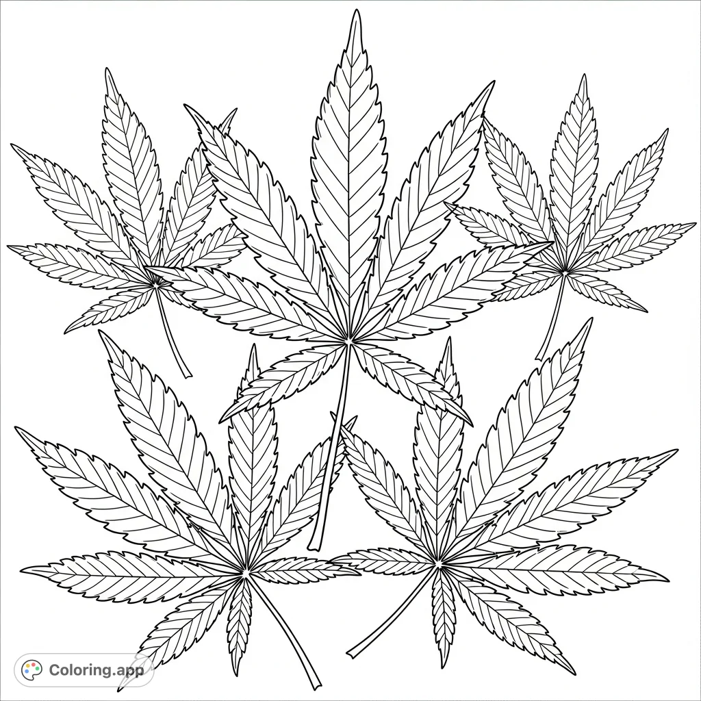 Unwind with this intricate cannabis leaf coloring page, featuring multiple leaves detailed with complex patterns, perfect for adult colorists.