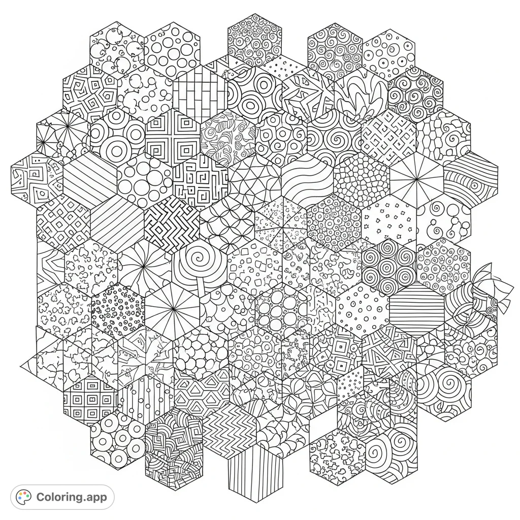 Explore an intricate hexagonal mosaic featuring diverse cannabis-themed geometric patterns, perfect for mindful adult coloring and artistic expression.