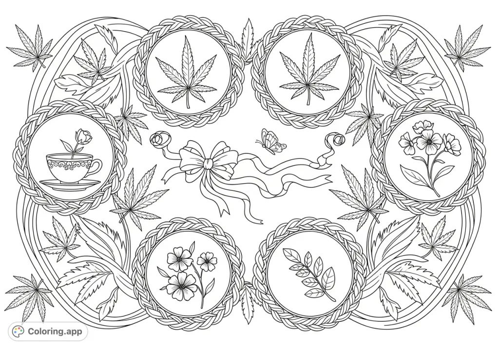 Discover a detailed cannabis tapestry coloring page featuring looping vines, delicate cannabis motifs, and circular vignettes holding teacups, bows, blossoms, and feathers.