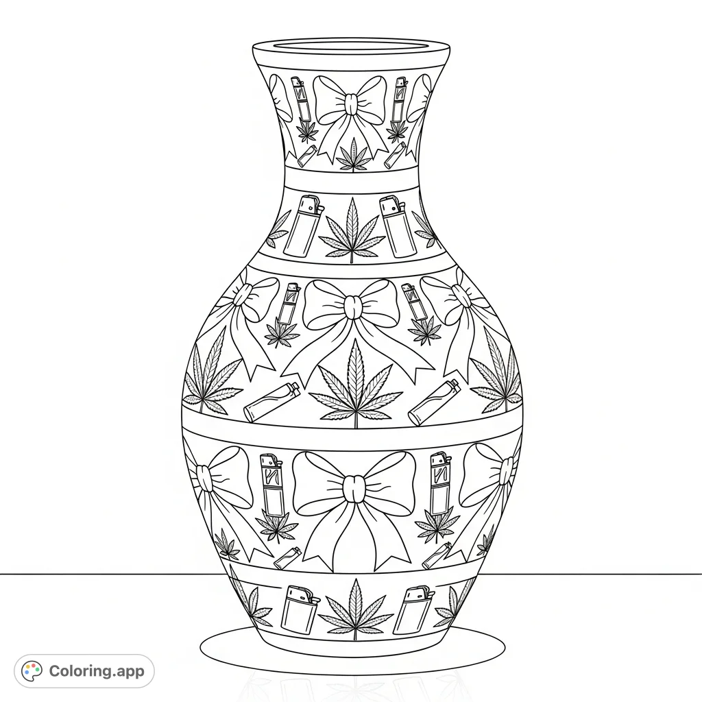 An elegant ceramic vase adorned with a complex pattern of stylized bows, cannabis leaves, miniature lighters, and rolling papers for a unique adult coloring experience.