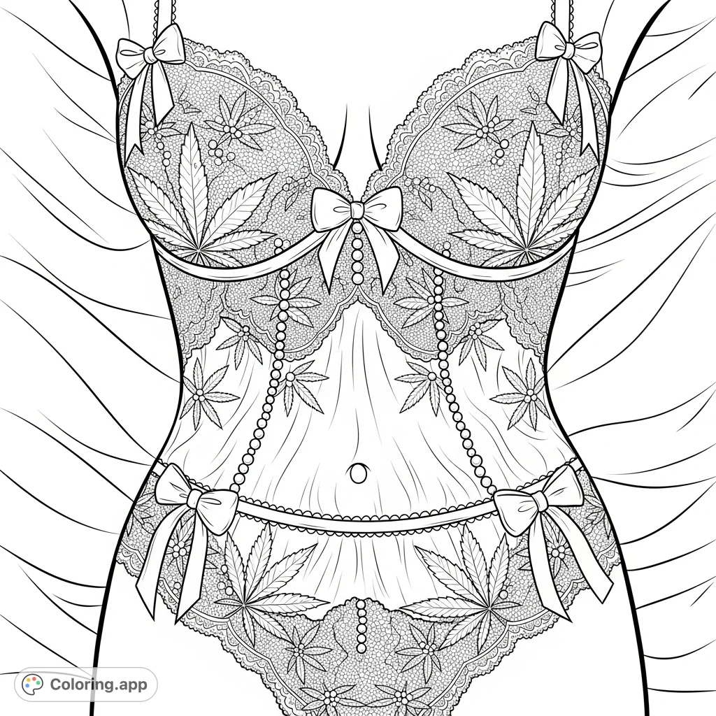 Detailed woman's torso in intricate lace lingerie with cannabis leaf motifs, pearls, and satin bows. A sophisticated and elegant design for adult colorists.