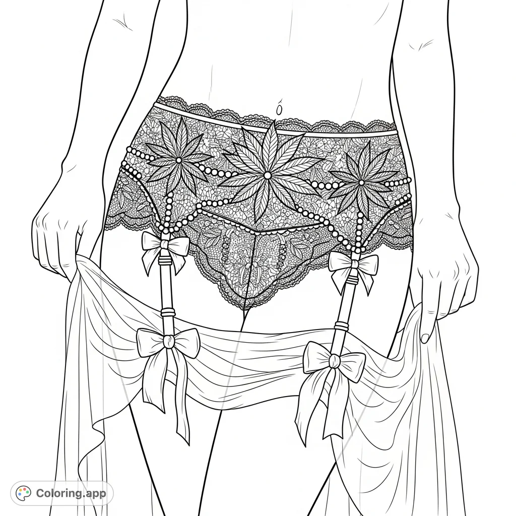 An intricate lingerie coloring page featuring a woman in a lace garter belt with cannabis leaf patterns, pearls, and flowing sheer fabric. A detailed adults coloring page.