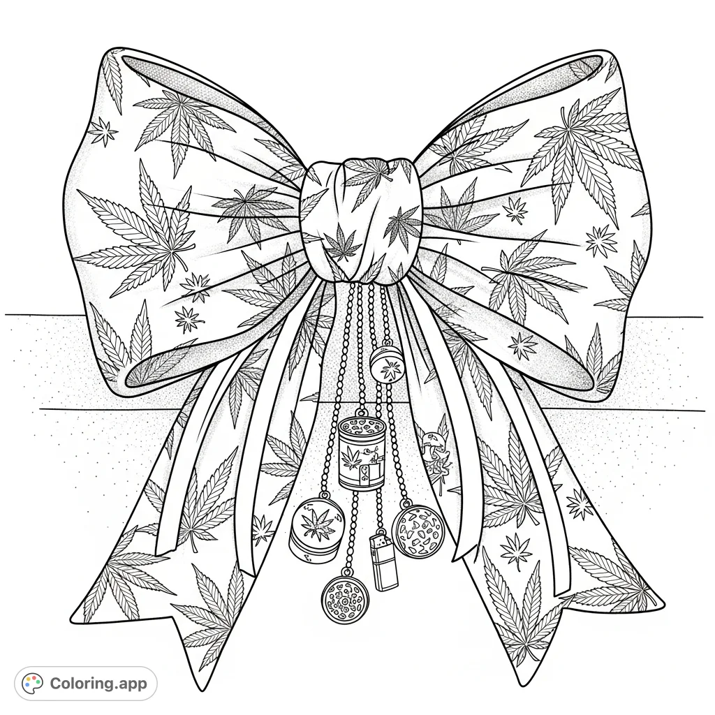A detailed coloring page featuring a massive fabric bow adorned with woven marijuana leaf patterns, complete with miniature grinder and lighter charms. Perfect for unique artistic expression.