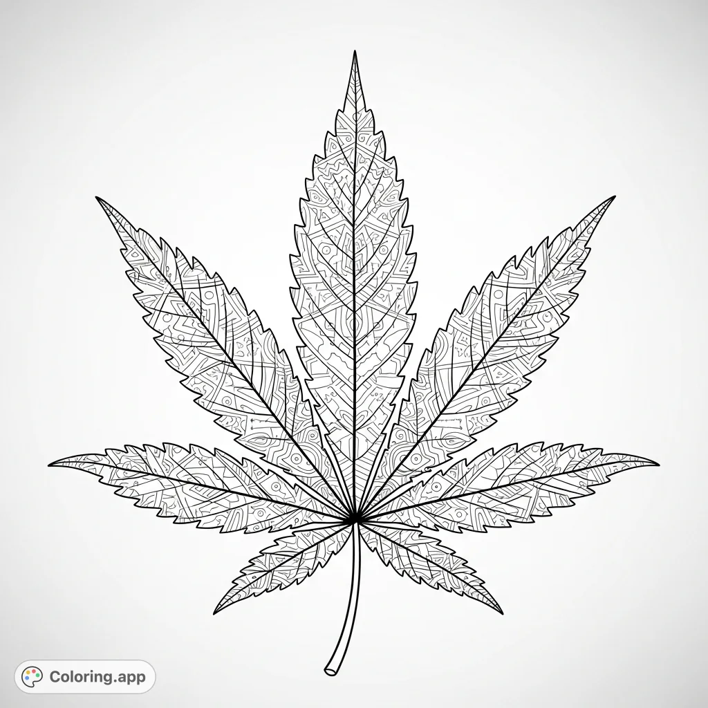 Explore a detailed marijuana leaf coloring page featuring a giant, distinctively lobed leaf adorned with an intricate, repeating geometric pattern for mindful coloring.