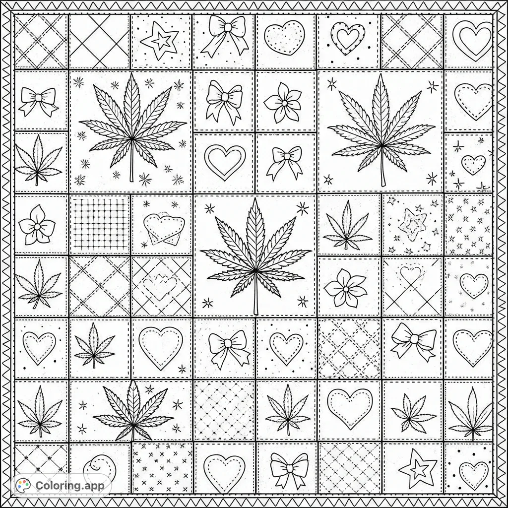 Explore a meticulously crafted quilt coloring page with unique patches featuring stylized cannabis leaves, hearts, stars, bows, and keys, all framed by a decorative border.