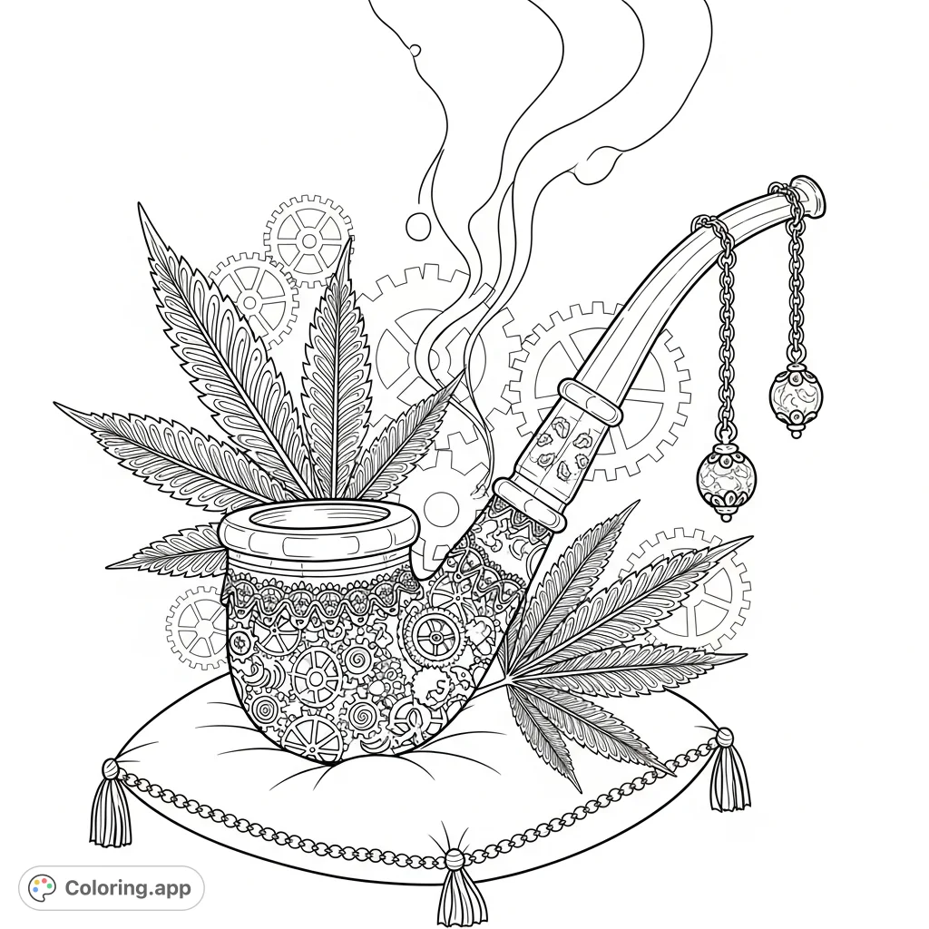 An intricate pipe with lace and gears rests on a plush cushion, surrounded by stylized cannabis leaves and dangling glass beads, set against a background of cogwheels and steam.
