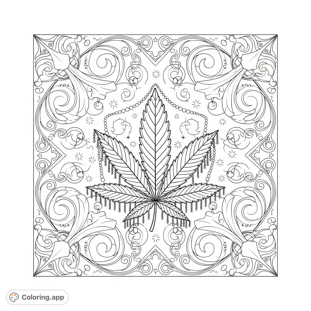 Explore a detailed cannabis leaf design on a square panel, surrounded by intricate swirling vines, quatrefoil shapes, and starbursts for a captivating coloring experience.
