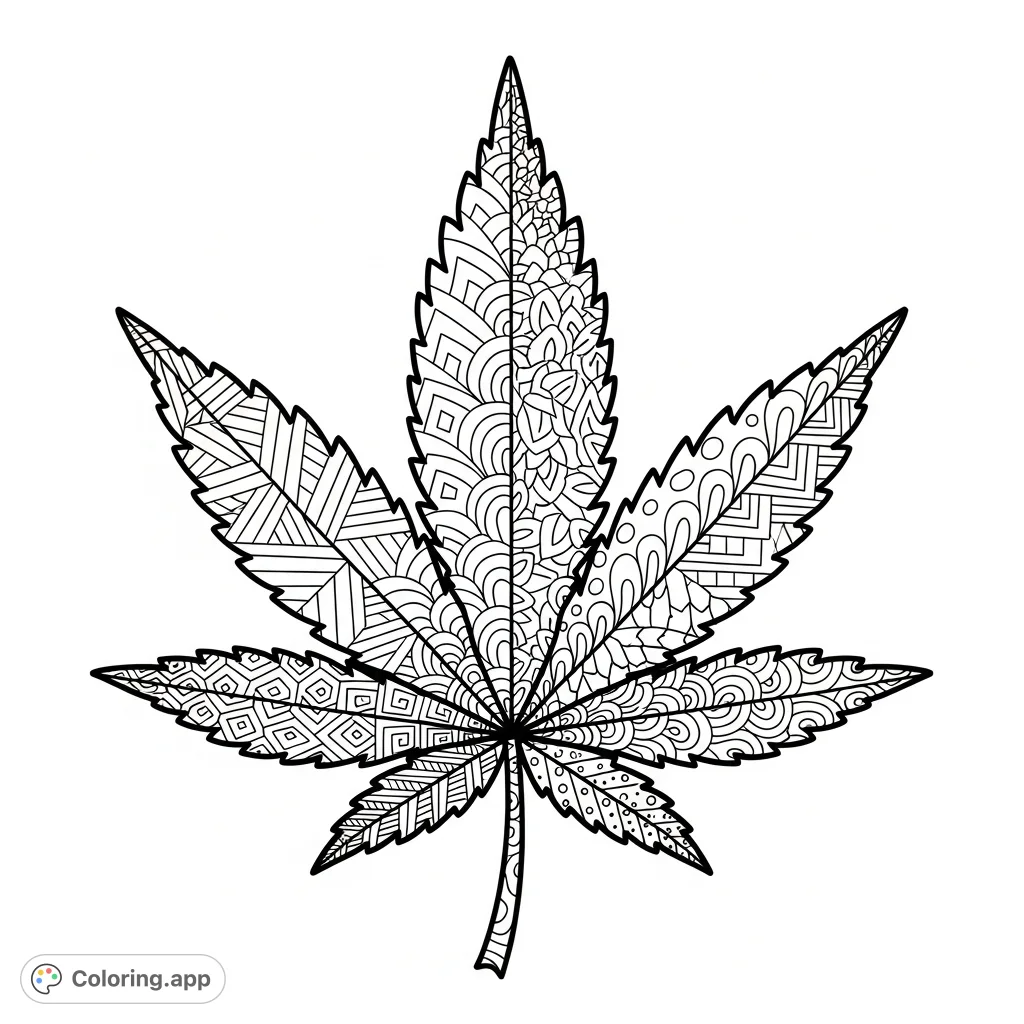 An intricate zentangle marijuana leaf with bold outlines and complex patterns, perfect for mindful coloring and creative expression for adult colorists.