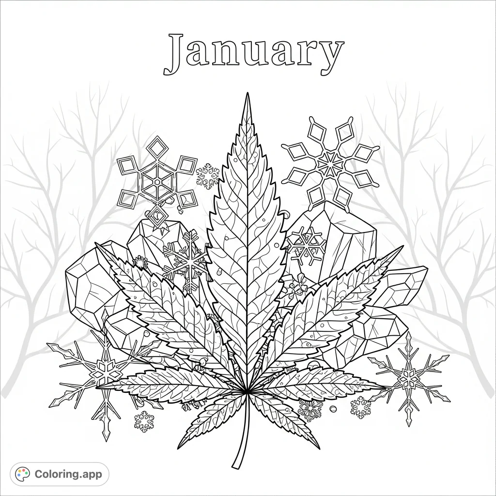 Embrace winter's calm with this January frosty cannabis leaf coloring page, blending delicate snowflakes with intricate foliage.