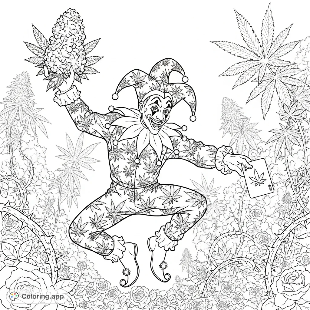 Experience a dynamic scene featuring a mischievous joker mid-leap amidst a lush cannabis garden. Intricate patterns and wild flora await your creative touch.