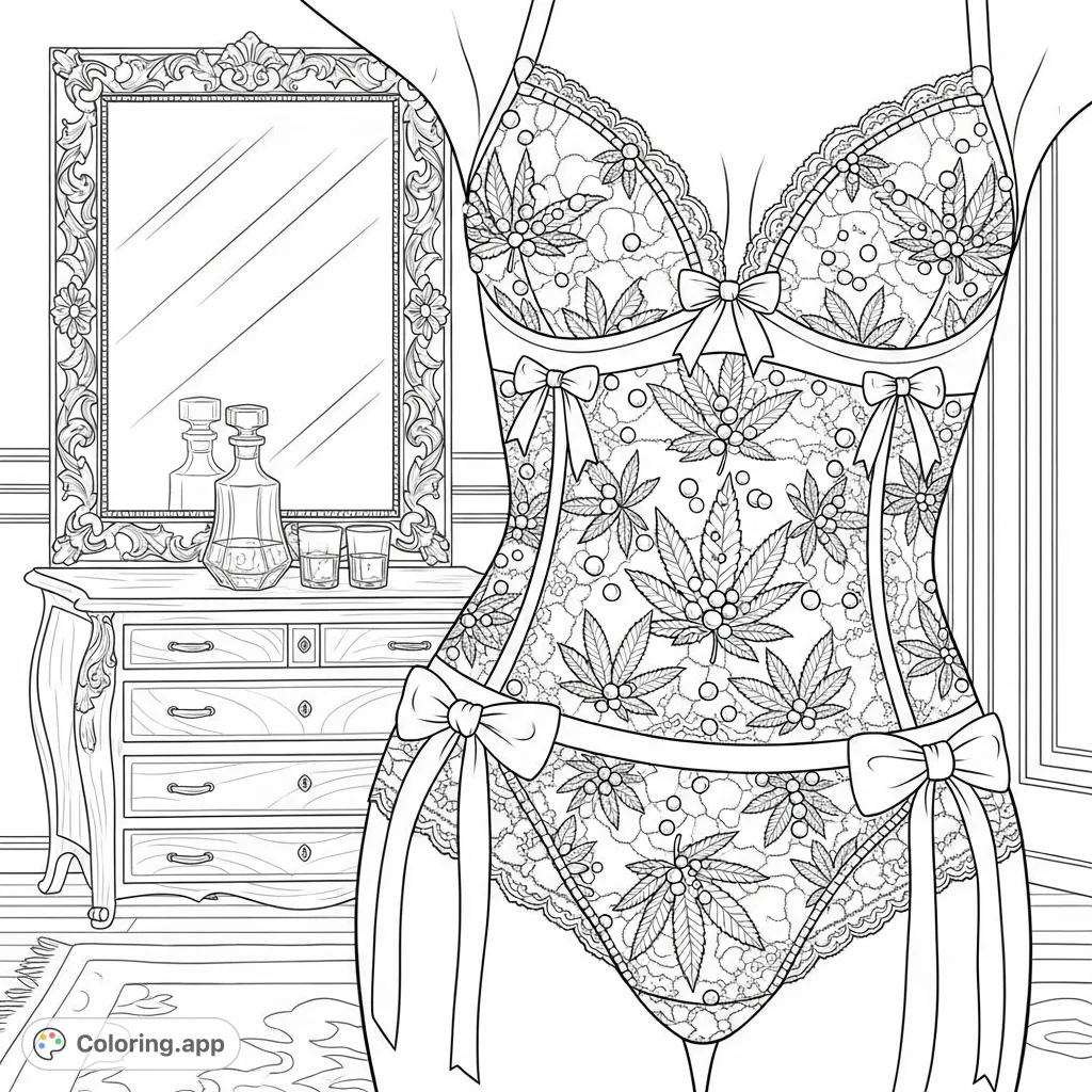 Explore a sophisticated chamber with a woman's torso in ornate lace lingerie featuring cannabis leaf patterns, reflected in a grand mirror on a carved dresser.