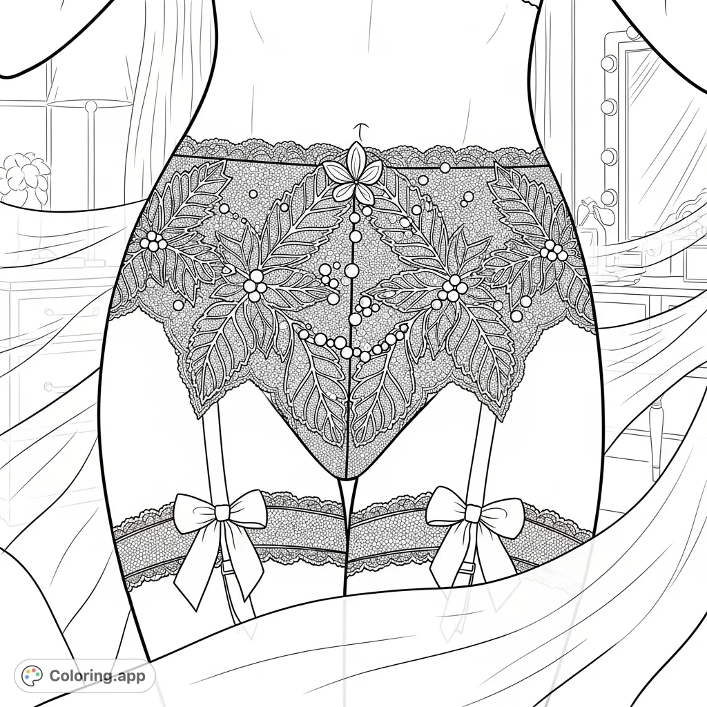 An exquisite adult coloring page featuring a detailed lace lingerie garter belt with intricate leaf patterns, delicate pearls, and satin bows in a boudoir setting.
