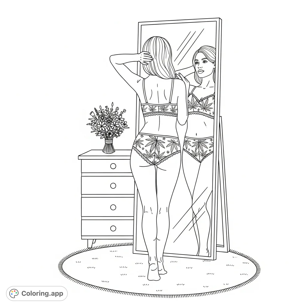 A sophisticated coloring page featuring a woman in lace lingerie with stylized cannabis leaf patterns, admiring herself in a mirror within a private dressing area.