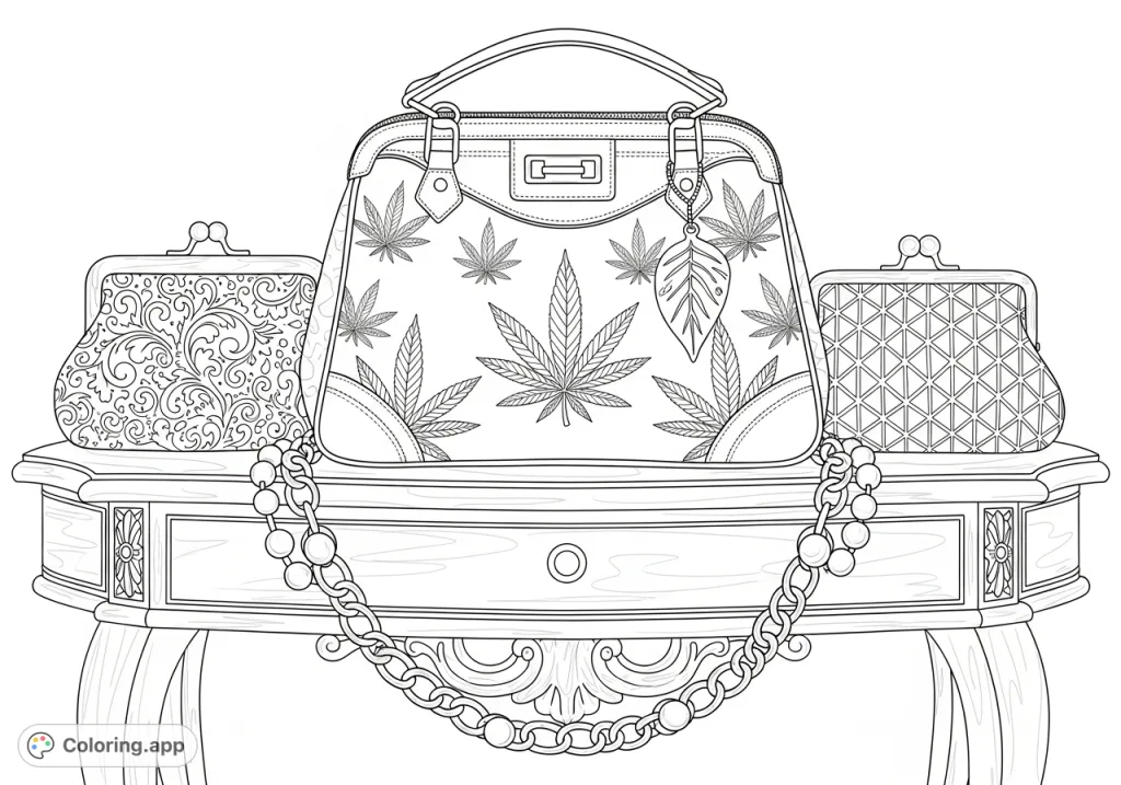 A lavish purse featuring cannabis flower emblems takes center stage on an antique console table, flanked by other uniquely patterned purses and elegant embellishments.