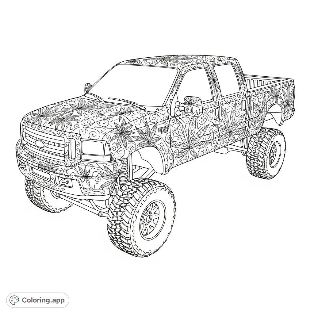A powerful, lifted Ford pickup truck adorned with an intricate, flowing pattern of stylized cannabis leaves, delicate florals, and swirling vines.