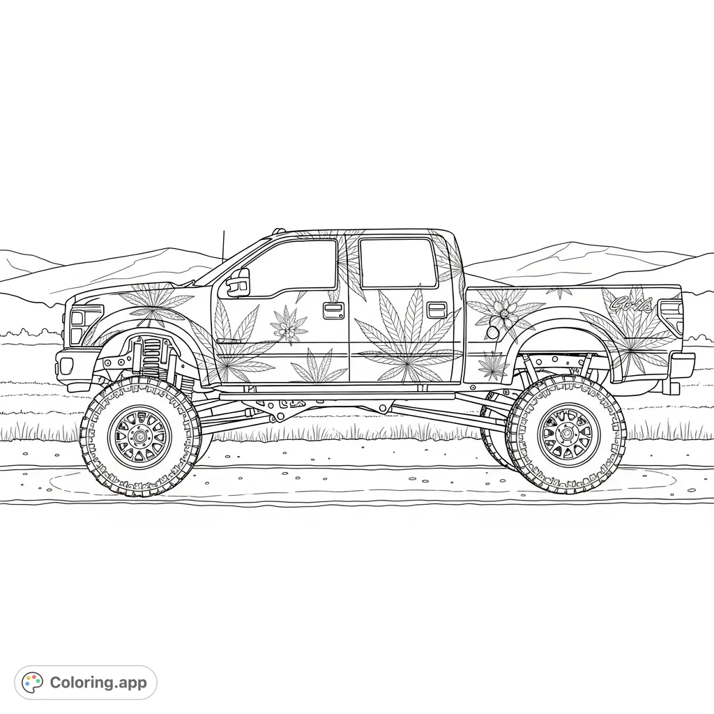 Color a rugged Ford pickup truck adorned with a unique cannabis leaf and floral motif, set against rolling hills. Perfect for expressing a bold, creative style.
