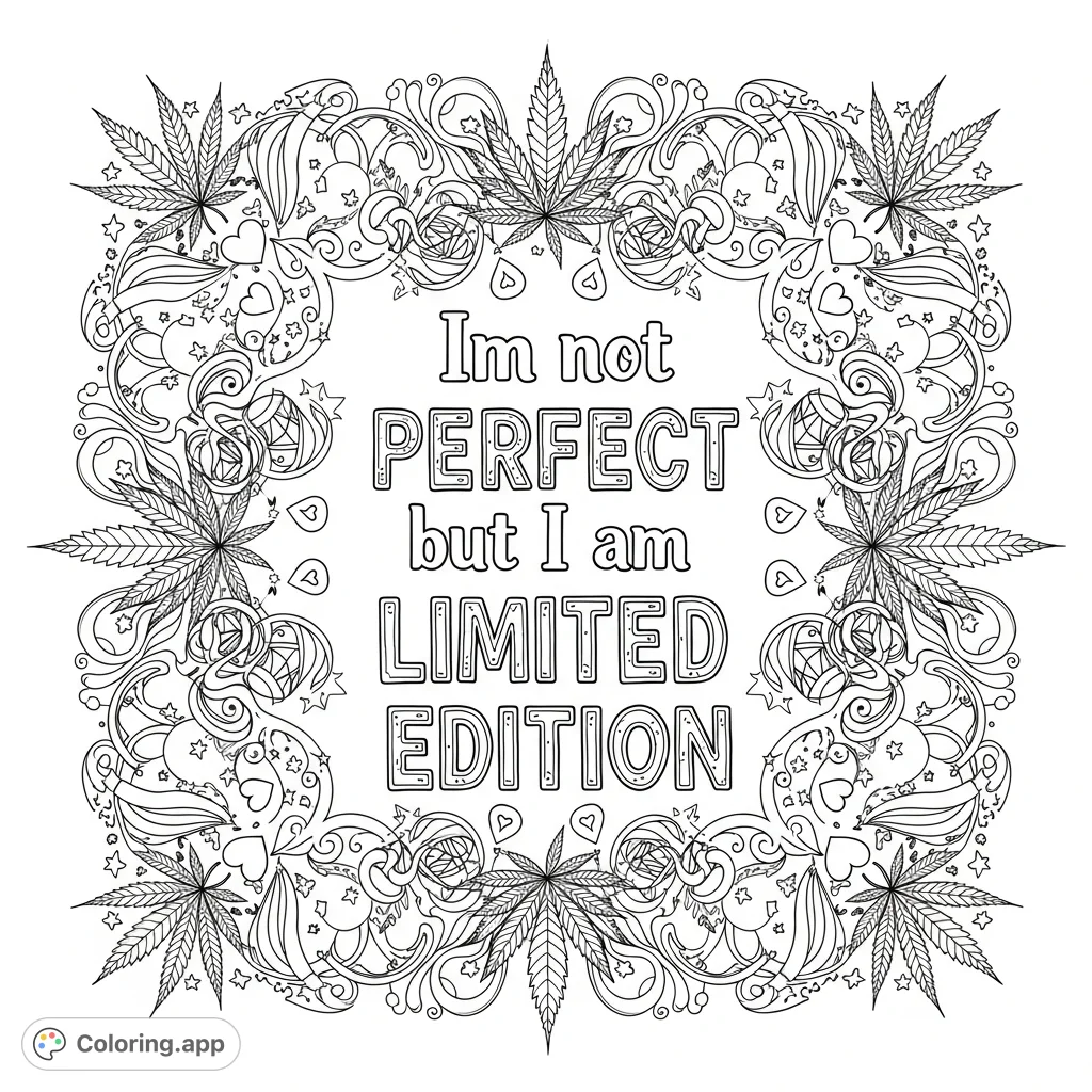 Express your unique style with this detailed coloring page featuring an empowering quote surrounded by intricate girly, stoner, and playboy-inspired patterns.
