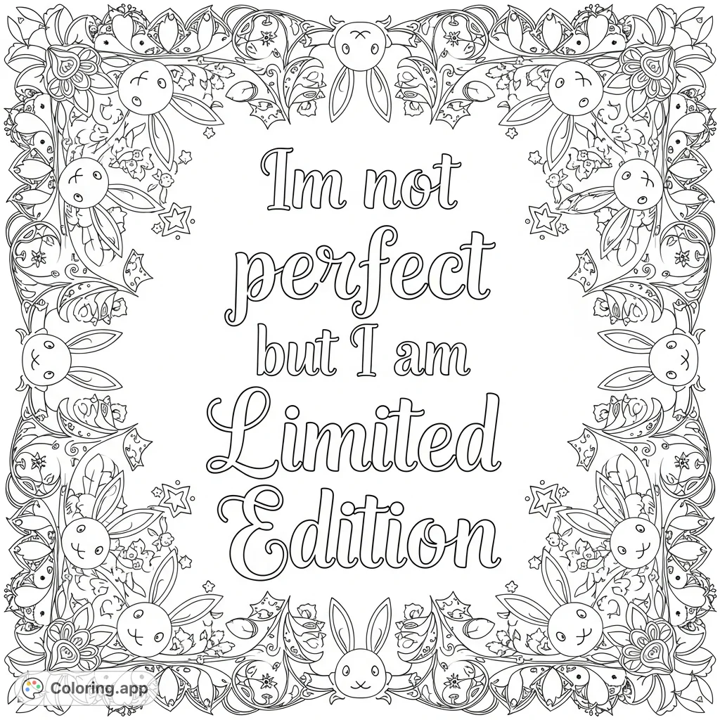 A unique coloring page featuring the quote "Im not perfect but I am Limited Edition" amidst intricate girly, stoner, and playboy-inspired patterns for a creative and empowering coloring experience.