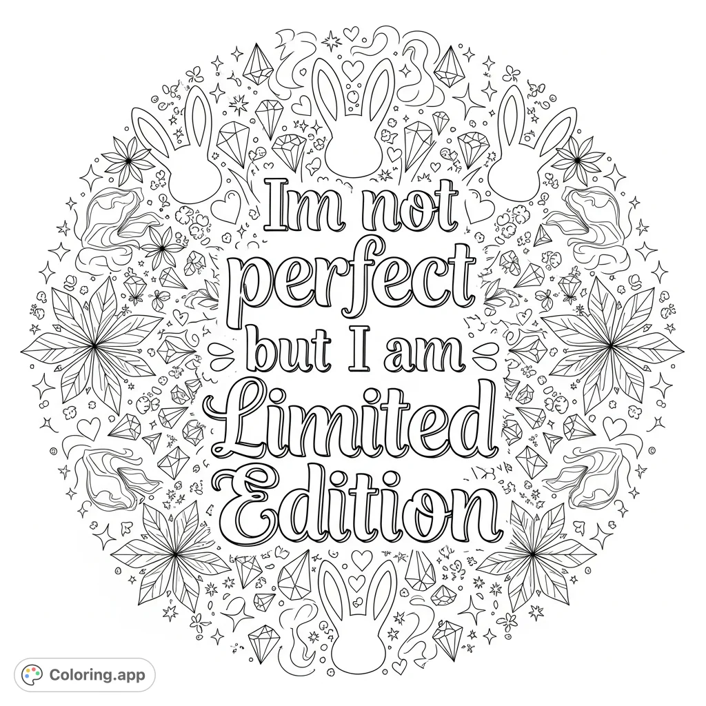 A unique coloring page featuring the quote "Im not perfect but I am Limited Edition" surrounded by intricate girly stoner playboy patterns.