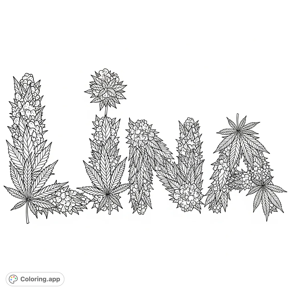 Discover the unique 'Lina' coloring page, featuring the name formed by intricate marijuana leaves and buds. Perfect for adult colorists seeking a detailed, botanical challenge.