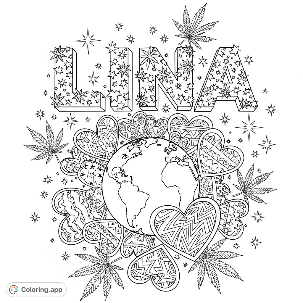 A personalized 'Lina' name surrounded by star constellations, a central 'world,' and dynamic tribal hearts intermingled with detailed cannabis leaves.