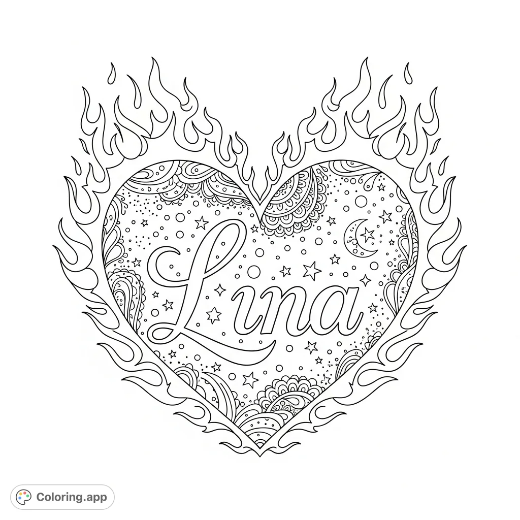 An elegant 'Lina' name within a heart adorned with Bohemian cosmic patterns, swirling nebulae, stars, and dynamic flames. An intricate, personal design.